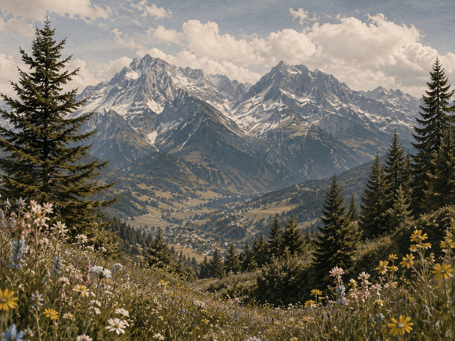 Snowy alpine mountains framed by pine trees and wildflowers.