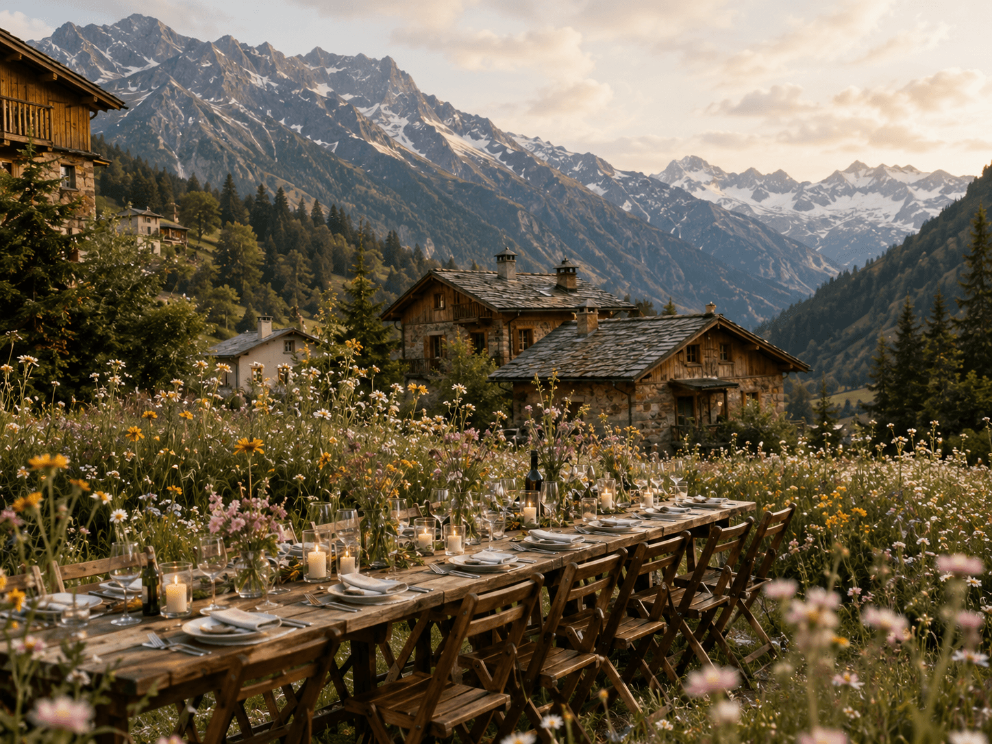 An alpine dinner table among wildflowers and chalets.